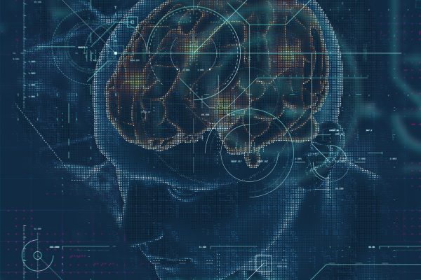 3D render of a medical background with male figure with brain highlighted and techno overlay